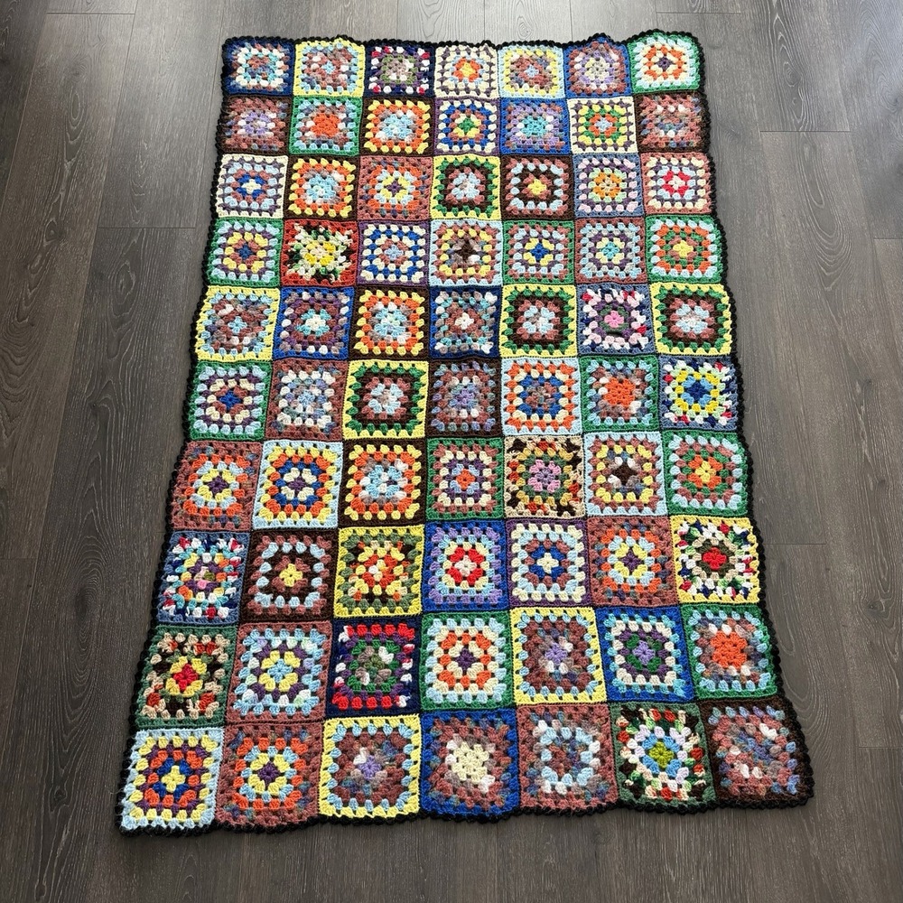 VTG Handmade Crochet Granny Square Throw Blanket Afghan 60" X 40" Cottage Boho